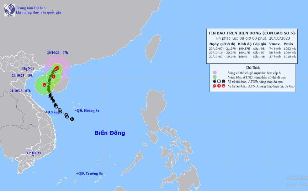 Vị trí và hướng di chuyển tiếp theo của bão số 5. (Ảnh: Trung tâm Dự báo KTTVQG)