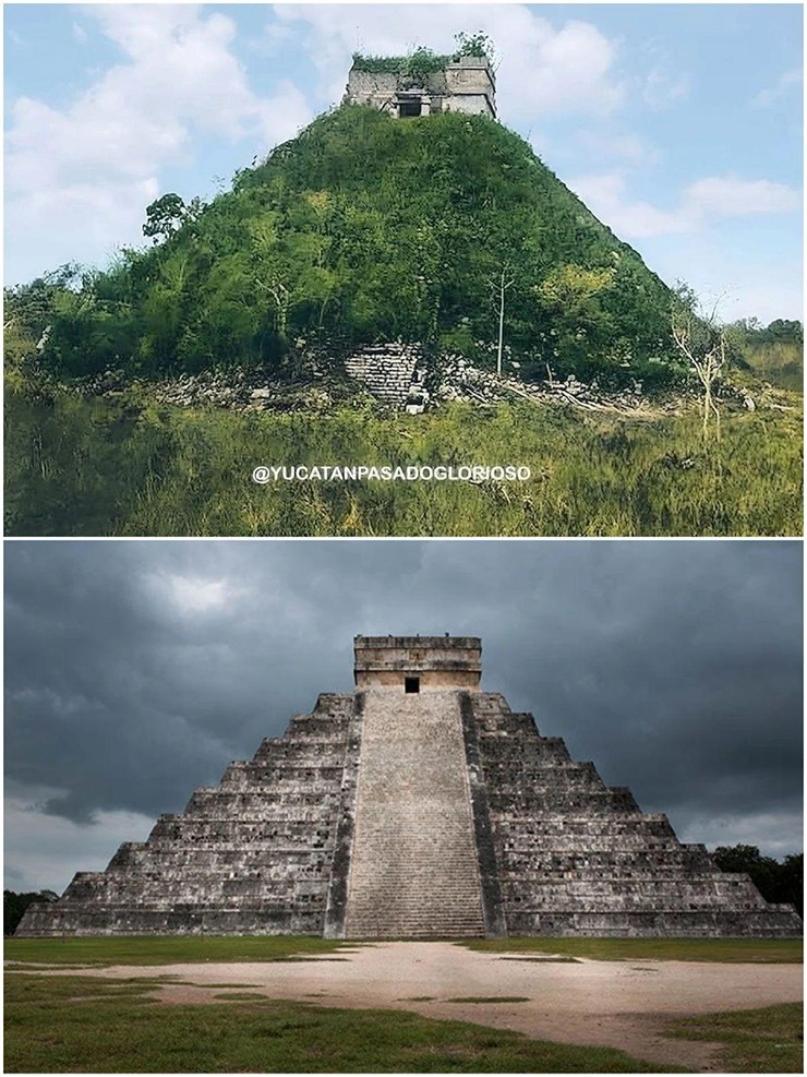 Kim tự tháp Chichén Itza của người Maya: Trước khi dọn dẹp và khai quật, kim tự tháp của người Maya gần như bị bao phủ hoàn toàn bởi cây cối và cỏ dại nhưng vẫn giữ được cảm giác bí ẩn ban đầu.
