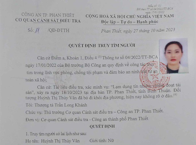 Trích thông báo truy tìm của Công an Phan Thiết