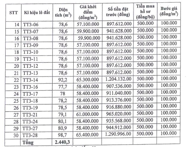 Giá khởi điểm của các lô đất.