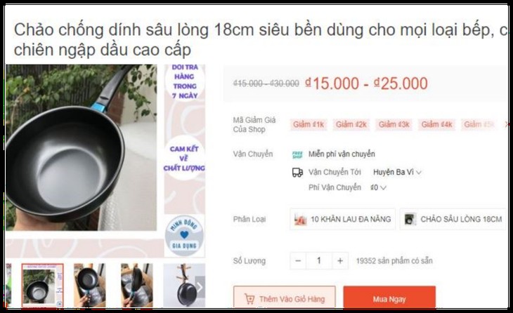 Chảo chống dính giá chỉ 25.000 đồng được bán trên các sàn thương mại điện tử.