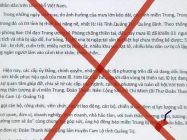 Giả mạo “thư kêu gọi“ quyên góp ủng hộ đồng bào miền Trung thiệt hại do mưa lũ