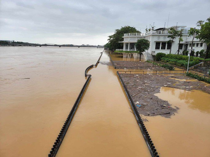 Cầu gỗ lim ở sông Hương qua TP Huế dần hiện ra sau nhiều ngày bị lũ nhấn chìm.