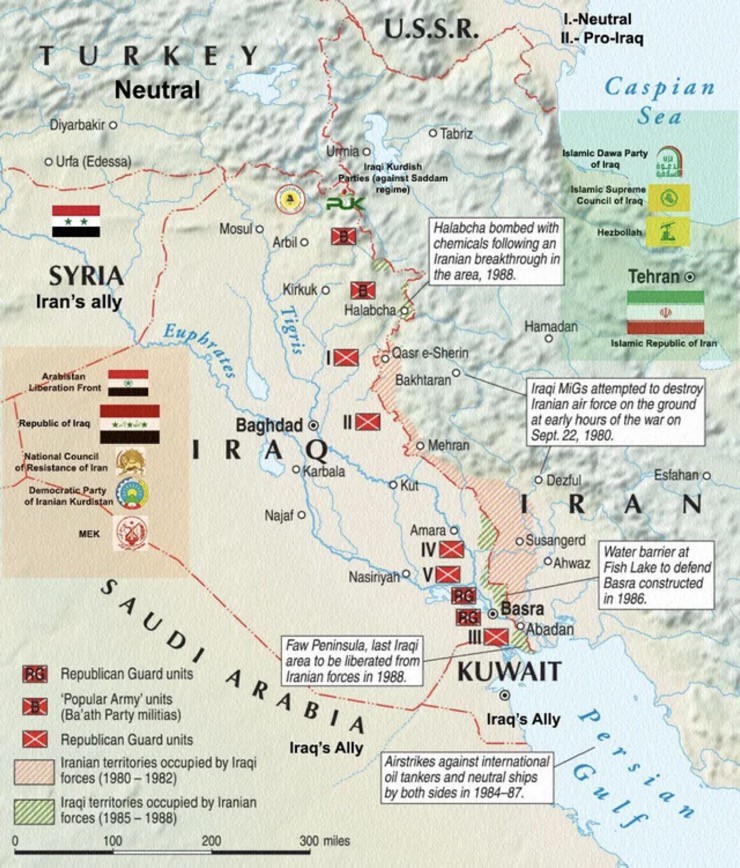 Các phần gạch chéo màu xanh lá cây&nbsp;biểu thị các vùng lãnh thổ Iraq do Iran kiểm soát.