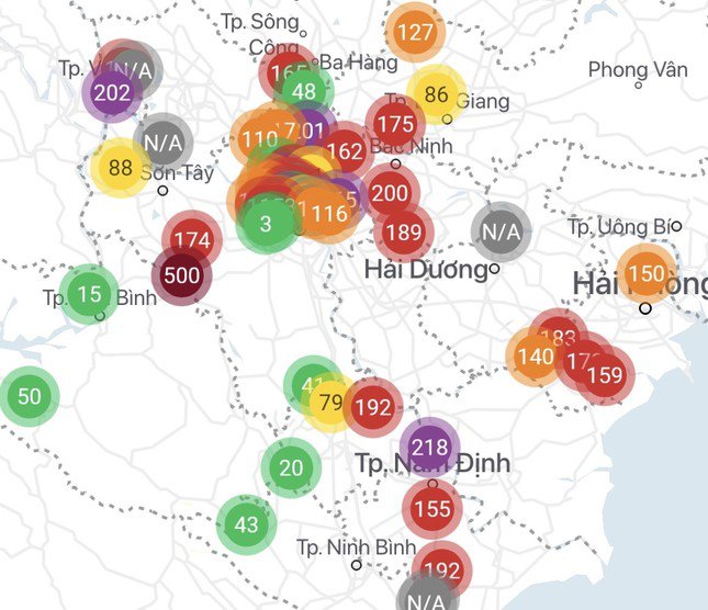 Hầu hết các điểm đo tại miền Bắc ghi nhận ô nhiễm không khí trong sáng nay. Nguồn: PAM Air