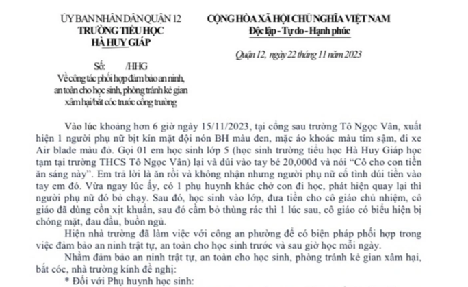 Thông báo của Trường Tiểu học Hà Huy Giáp