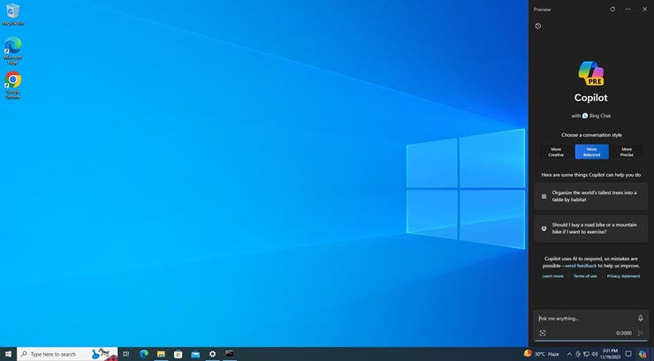 Trợ lý AI Copilot đã cập bến Windows 10.