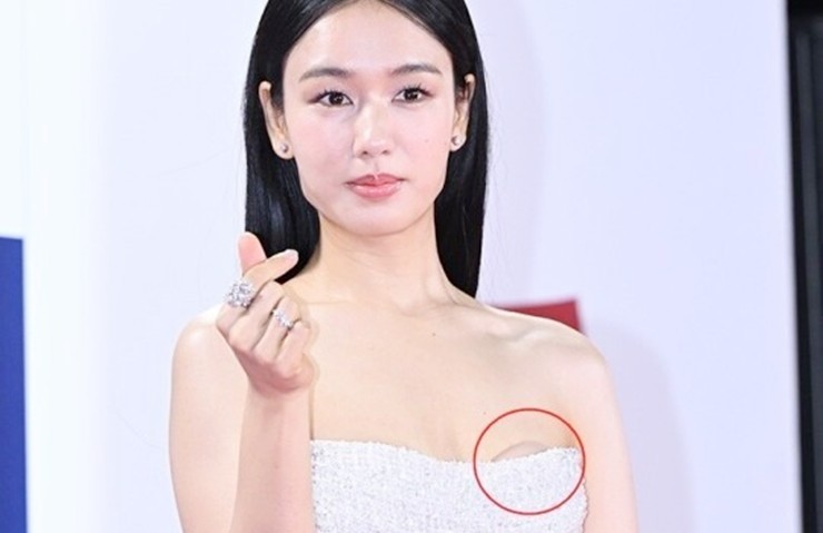 Mới đây, tại sự kiện Lễ trao giải Điện ảnh Rồng Xanh lần thứ 44, nữ diễn viên Ahn Eun Jin gặp sự cố trang phục không mong muốn - lộ miếng dán vòng 1. 
