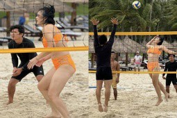 Người đẹp bóng chuyền Kim Huệ mặc bikini chơi bóng ở bãi biển, fan khen “chấp” cả đội nam