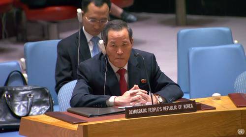 Ảnh chụp màn hình từ Web TV của Liên Hiệp Quốc, cho thấy Đại sứ Triều Tiên tại Liên Hiệp Quốc Kim Song tham dự phiên họp ở New York. Ảnh: Yonhap