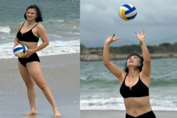 Hoa khôi bóng chuyền Kim Huệ mặc bikini chơi bóng ở bãi biển lại khiến fan trầm trồ