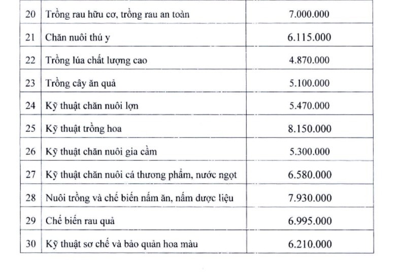 Bảng giá dịch vụ đào tạo áp dụng trong lĩnh vực giáo dục nghề nghiệp tại Hà Nội