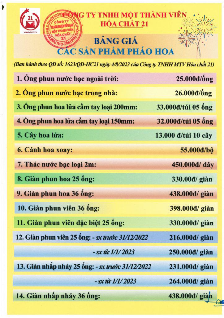 Bảng giá pháo hoa được Công ty TNHH MTV Hoá chất 21 áp dụng từ ngày 1/8/2023