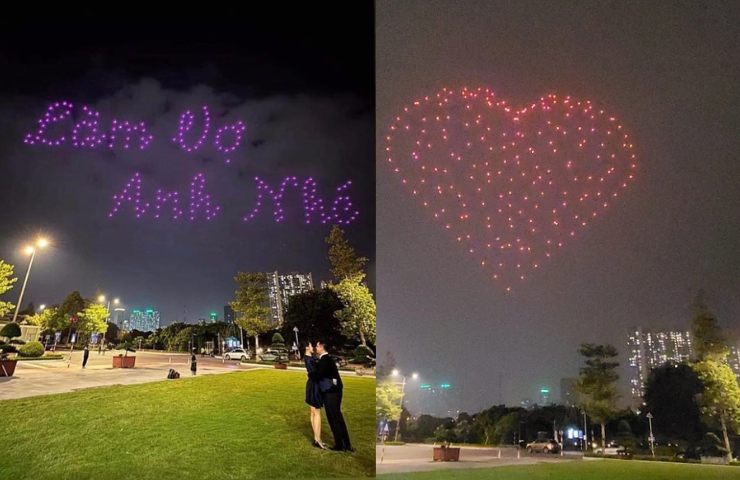 Mới đây trên mạng xã hội chia sẻ nhiều hình ảnh/clip màn cầu hôn bằng 200 drone diễn ra tại Trung tâm Hội nghị Quốc gia (Hà Nội), gây chú ý. Cộng đồng mạng bày tỏ sự ngưỡng mộ và chúc phúc cho cặp đôi.
