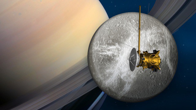 Tàu Cassini, mặt trăng Enceladus và Sao Thổ khổng lồ - Ảnh đồ họa: NASA