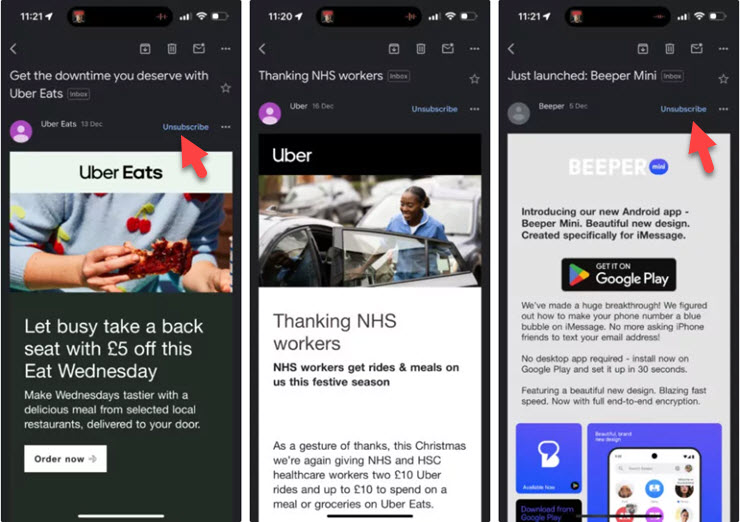 Nút Unsubscribe đã có mặt trên ứng dụng Gmail iOS.