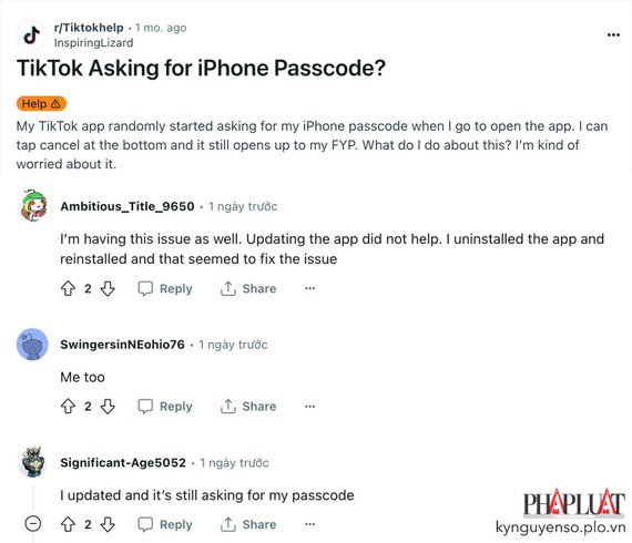 Nhiều thành viên Reddit cho biết ứng dụng TikTok của họ cũng yêu cầu mật mã iPhone để tiếp tục sử dụng. Ảnh chụp màn hình