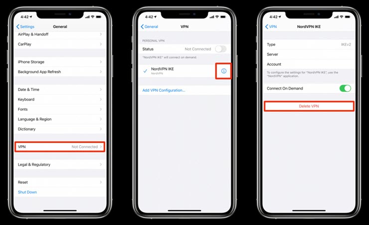 Các bước xóa cấu hình VPN trên iPhone.