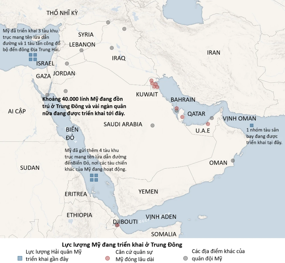 Hình dung lực lượng Mỹ ở Trung Đông. Nguồn: THE NEW YORK TIMES. Việt hóa: ĐỨC HIỀN