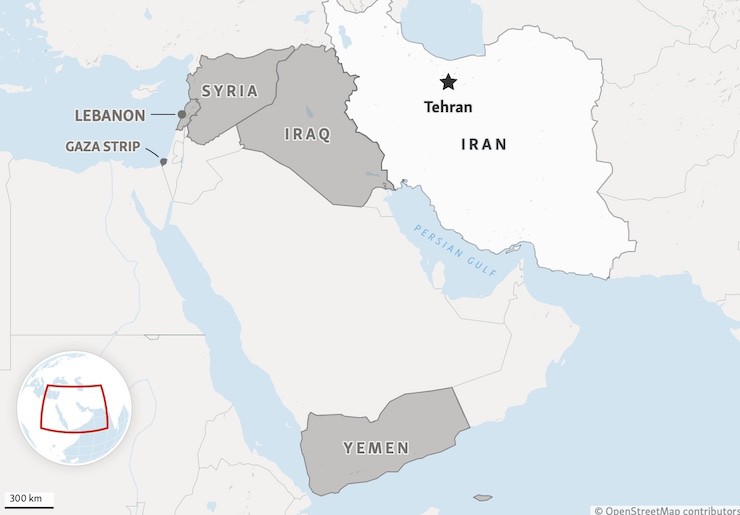 Vị trí Iran và các nhóm trong "trục kháng chiến" (màu xám) ở Trung Đông.