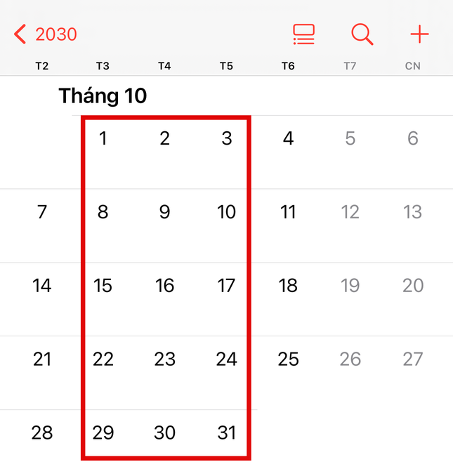 Lịch tháng 10/2030 cũng tương tự quy luật của tháng 10/2023.