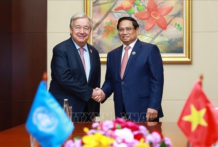 Thủ tướng Phạm Minh Chính gặp Tổng Thư ký Liên hợp quốc Antonio Guterres. Ảnh: Dương Giang/TTXVN