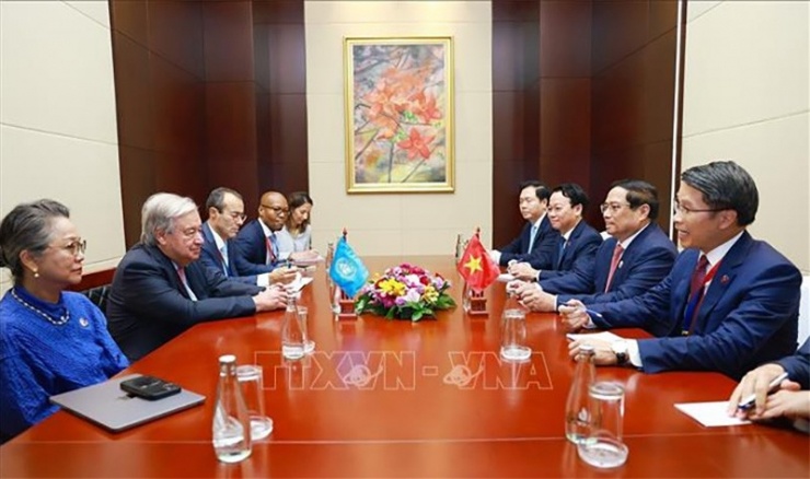 Thủ tướng Phạm Minh Chính gặp Tổng Thư ký Liên hợp quốc Antonio Guterres. Ảnh: Dương Giang/TTXVN