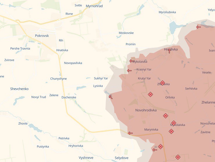 Nga đang ngày càng tiến gần hơn tới thành phố Pokrovsk, vùng Donetsk. Ảnh: DeepState.