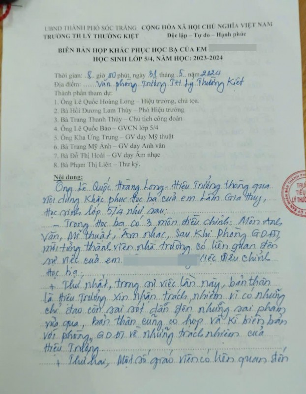 Biên bản họp khắc phục học bạ của em L.G.H của Trường Tiểu học Lý Thường Kiệt. 