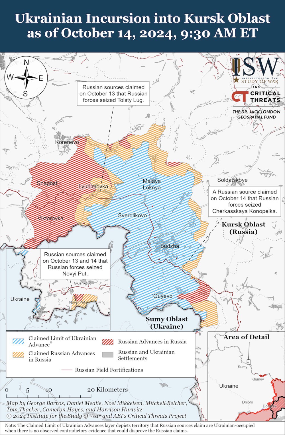 Khu vực Ukraine còn kiểm soát ở vùng Kursk (màu xanh) đang ngày càng thu hẹp. Ảnh: ISW.