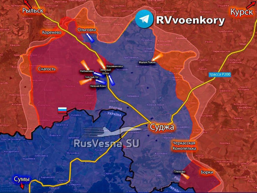 Bản đồ cho thấy Nga đang liên tiếp tạo bước tiến. Vùng màu xanh nhạt&nbsp;do Ukraine kiểm soát ở vùng Kursk.&nbsp;Ảnh: RVvoenkory/Telegram.