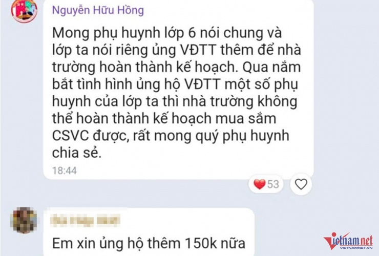 Phụ huynh phản ánh ông Nguyễn Hữu Hồng, Hiệu trưởng Trường THCS Đỉnh Sơn chủ động nhắn tin vào nhóm Zalo kêu gọi tài trợ. Ảnh phụ huynh cung cấp