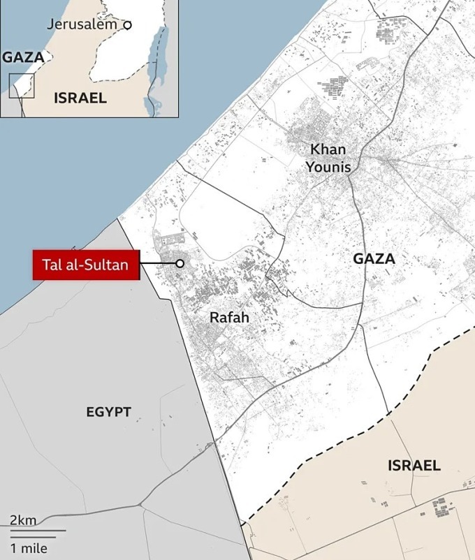 Vị trí Tal al-Sultan, khu vực ông Yahya Sinwar bị Israel hạ sát. Đồ họa: BBC