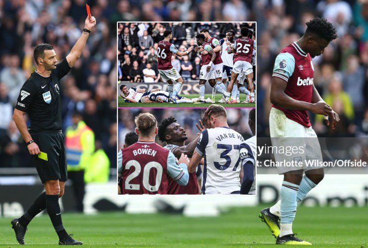 Kudus ghi bàn và nhận thẻ đỏ trong trận thua 1-4 của West Ham trước Tottenham