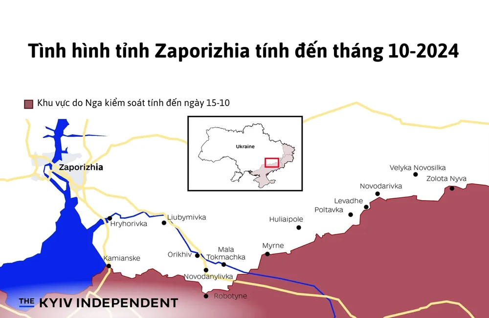 Lược đồ tình hình tỉnh Zaporizhia (Ukraine) tính đến tháng 10. Ukraine lo khả năng Nga phát động cuộc tấn công lớn vào tỉnh Zaporizhia. Nguồn: THE KYIV INDEPENDENT