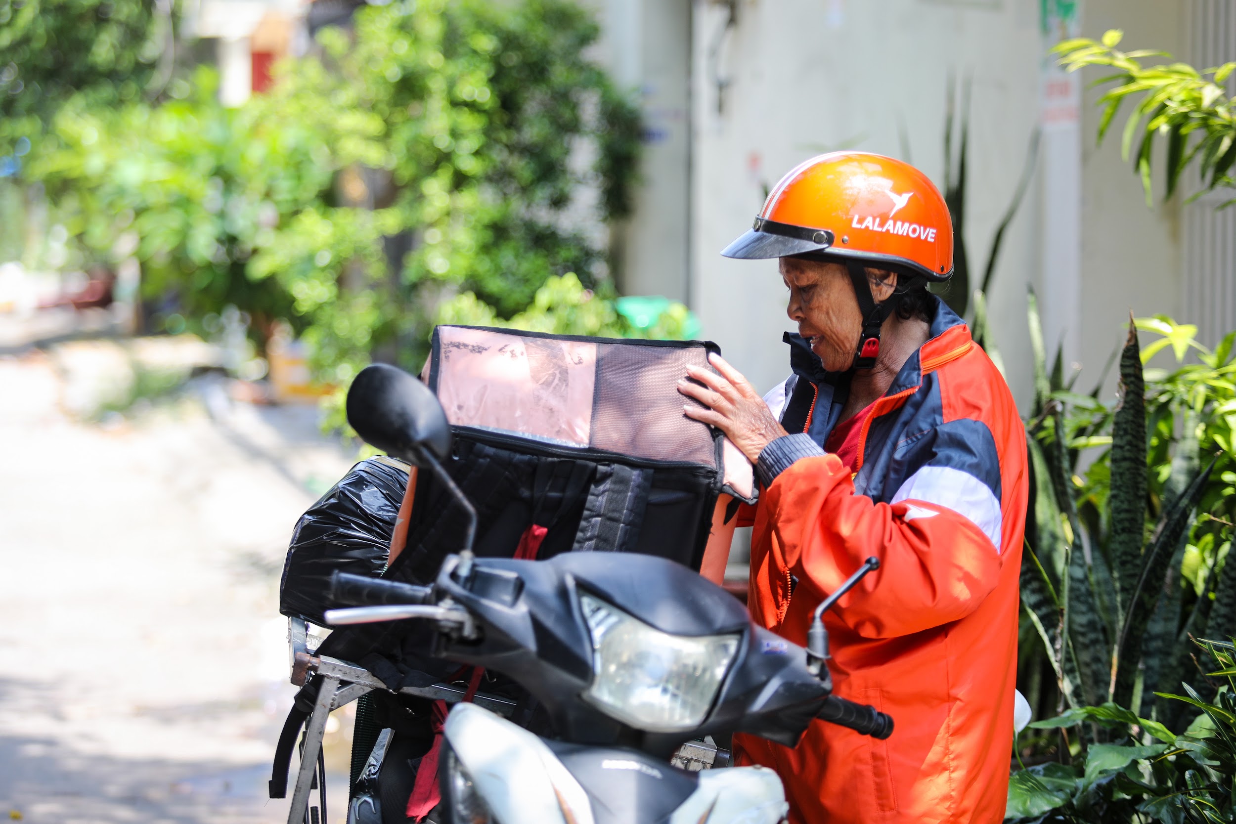 Cụ bà tóc bạc, da mồi, lưng còng vẫn thấy hạnh phúc vì mình vẫn có thể lao động để tự nuôi bản thân.