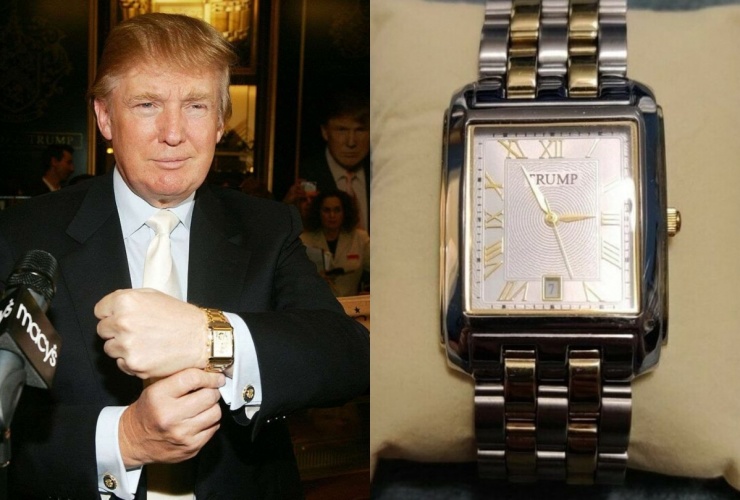 Ông đeo đồng hồ bình dân thuộc bộ sưu tập Donald J. Trump Signature tại một sự kiện năm 2005. Thiết kế sử dụng bộ máy thạch anh - cơ chế chuyển động cơ bản trong chế tác đồng hồ, bán tại cửa hàng bách hóa Macy's của Mỹ. Ảnh: Pinterest