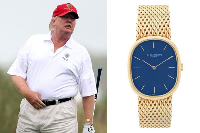 Donald Trump còn sở hữu một chiếc Patek Philippe Ellipse 3738 bằng vàng với mặt số 32mm màu xanh dương và dây kim loại dạng lưới. Ông thường đeo khi chơi golf. Được giới thiệu lần đầu tiên vào năm 1968, thiết kế dựa trên nguyên lý "tỷ lệ vàng" do các nhà toán học Hy Lạp cổ đại khám phá. Ảnh: Timeandtidewatches