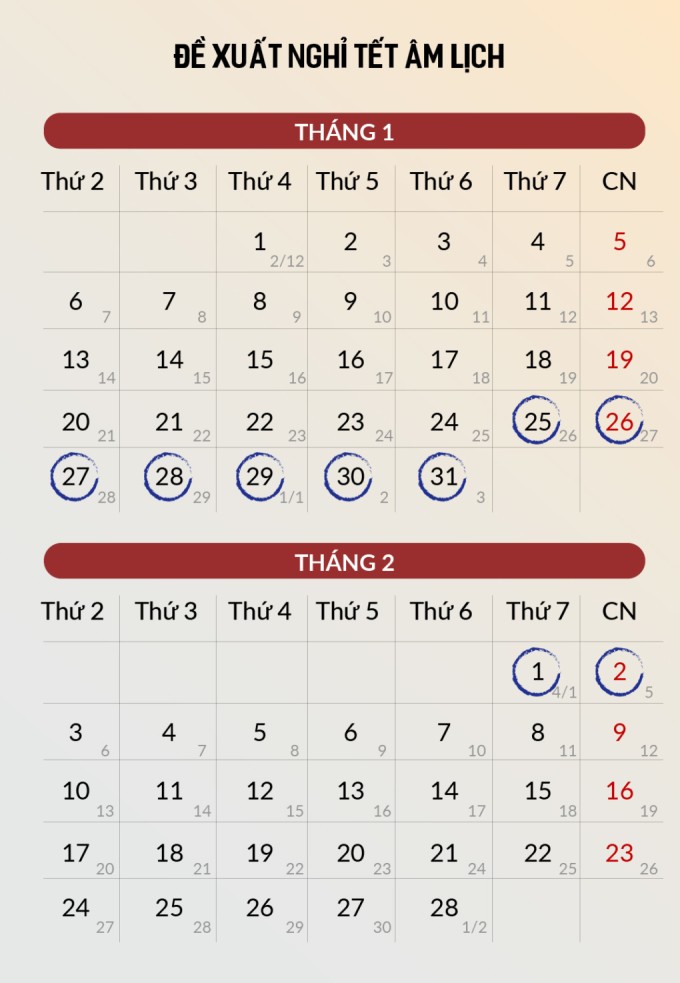 Lịch nghỉ Tết Âm lịch theo đề xuất của Bộ Lao động Thương binh và Xã hội. Đồ họa: Đăng Hiếu