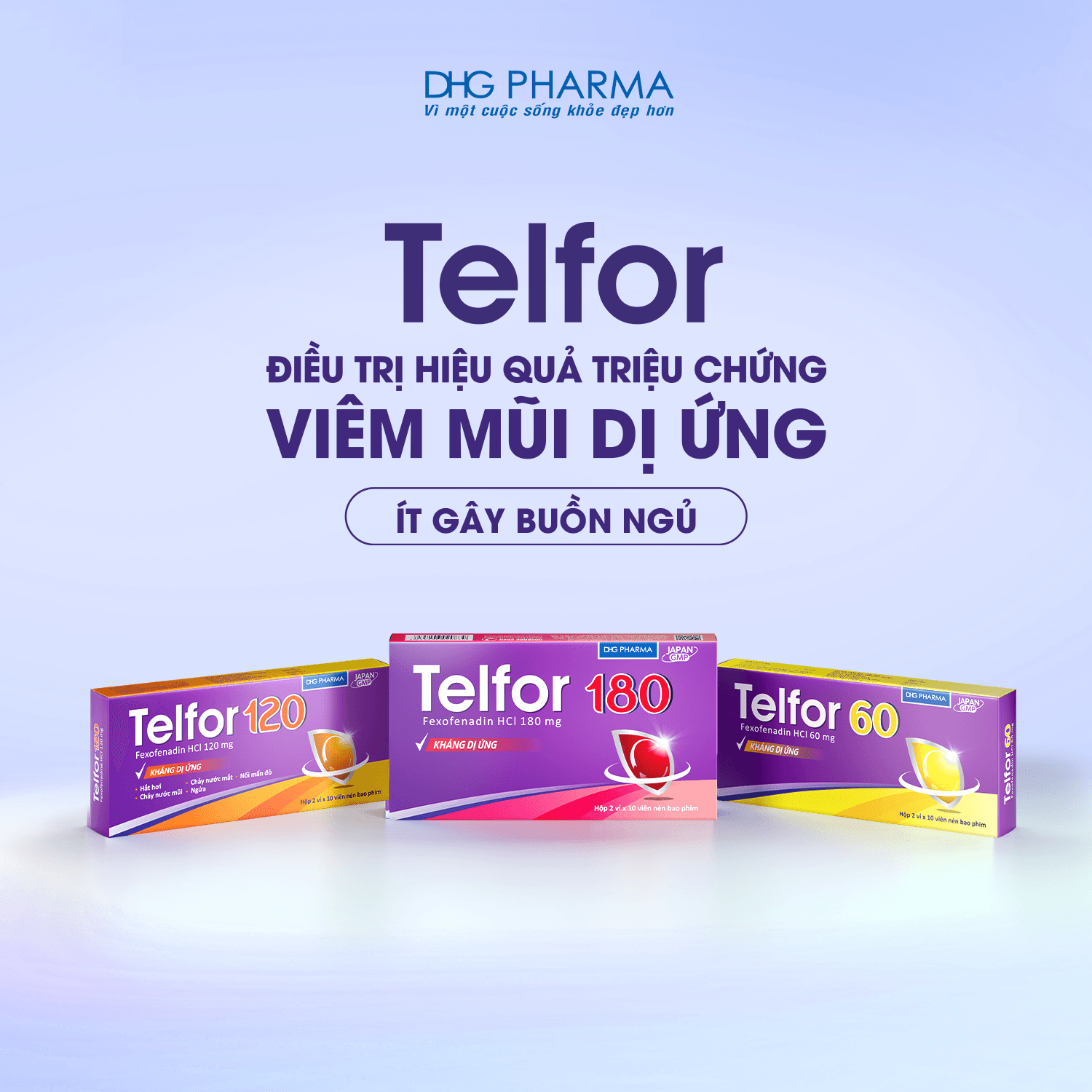 Telfor chứa fexofenadin điều trị các triệu chứng viêm mũi dị ứng, ít gây buồn ngủ