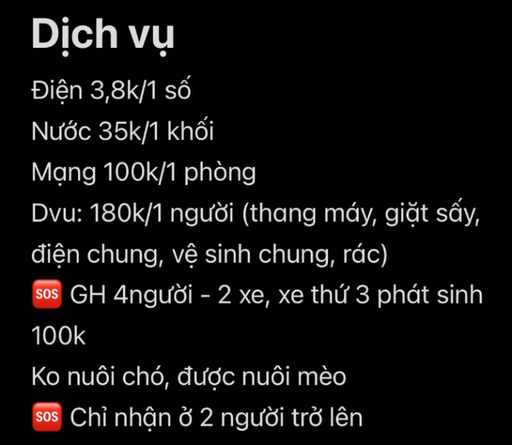 Giá dịch vụ tại các nhà trọ ở Hà Nội.