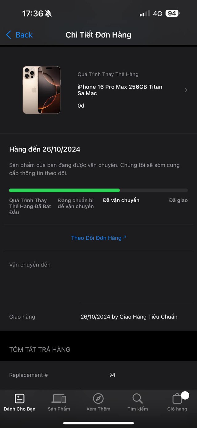 Đơn hàng iPhone thay thế đang ở khâu "Đã vận chuyển" Ảnh: Hoàng Tùng