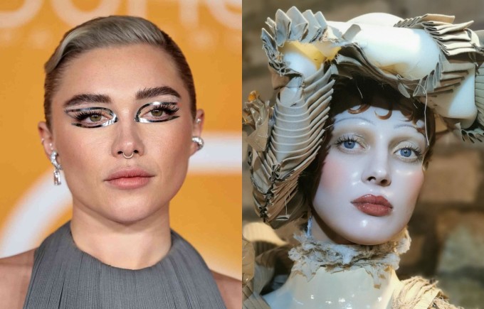 Diễn viên Florence Pugh (trái) dán eyeliner kim loại lên mắt tại buổi chiếu "Dune" 2 ở London và kiểu trang điểm "búp bê sứ" gây sốt ở show Couture Xuân 2024 của Maison Margiela. Ảnh: Imaxtree