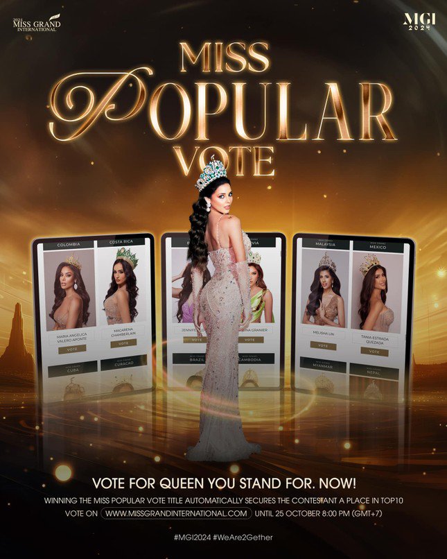 Trong số 3 hạng mục bình chọn ở Miss Grand International 2024, phần Miss Popular Vote là quan trọng nhất, giá trị nhất vì người chiến thắng sẽ vào thẳng Top 10 chung cuộc, đồng nghĩa với chắc suất trở thành Á hậu 5 cuộc thi này.