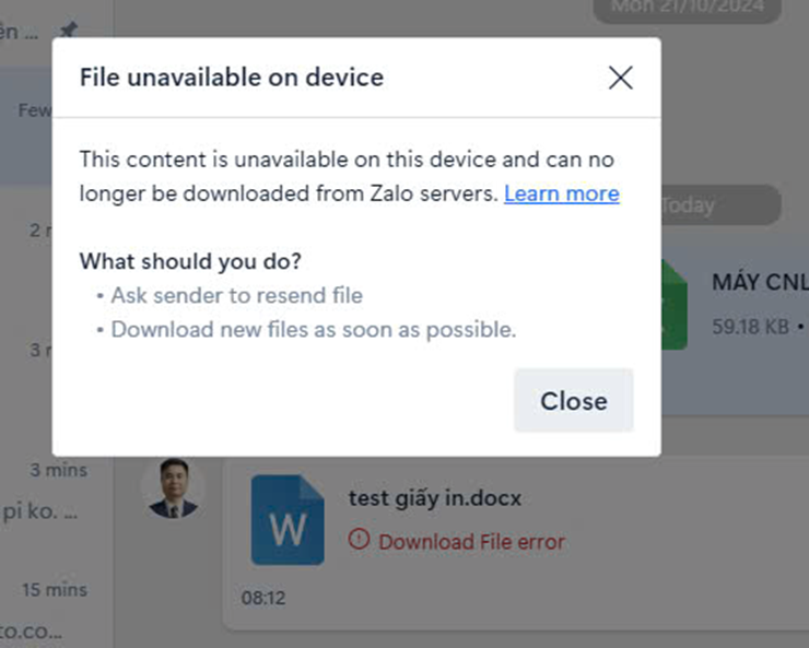 Zalo thông báo lỗi khi nhận tệp được gửi qua ứng dụng Zalo PC.
