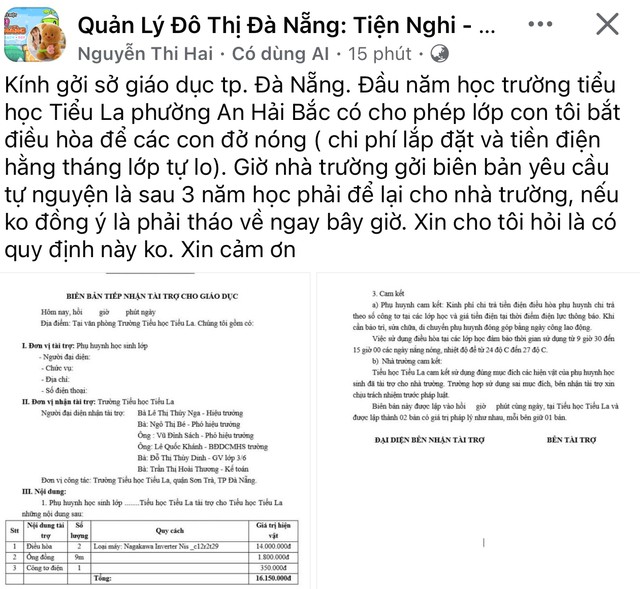 Nội dung phản ánh của phụ huynh Trường Tiểu học Tiểu La - Đà Nẵng