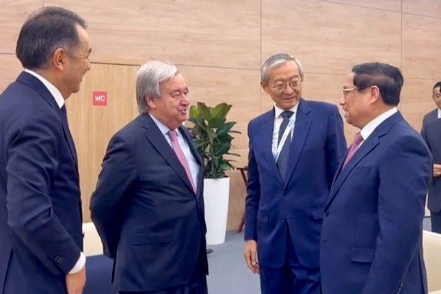 Thủ tướng Phạm Minh Chính trong cuộc gặp Tổng Thư ký Liên Hợp Quốc Antonio Guterres. Ảnh: VGP.