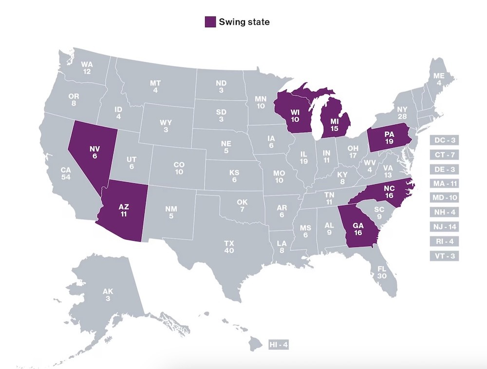 Mỗi bang ở Mỹ được quy định số phiếu đại cử tri nhất định dựa vào số dân của bang đó. Các bang màu tím là bang chiến trường. Ảnh: ABC News.