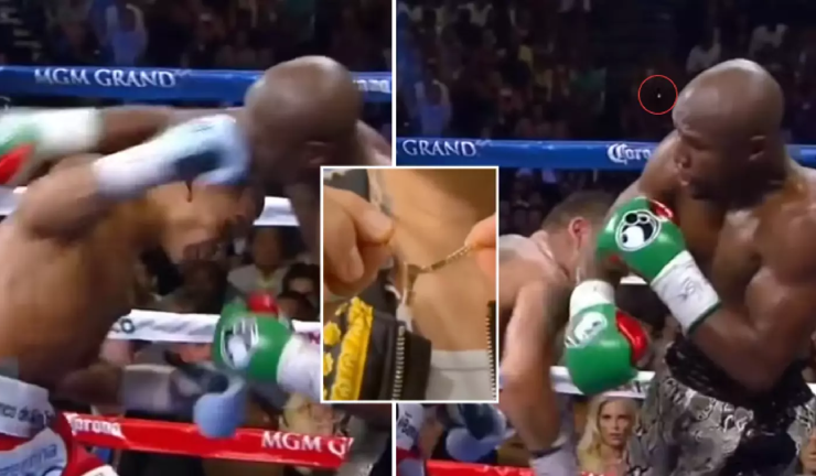 Maidana (trái) đấm bay răng Mayweather (phải) và giữ nó như chiến lợi phẩm