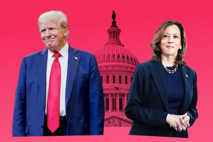 Các cuộc khảo sát cho thấy, ông Trump và bà Harris đang bám đuổi nhau rất sát về tỉ lệ ủng hộ của cử tri trên toàn quốc. Ảnh: Slate